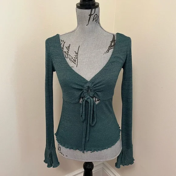 Free People Intimately Free Say When Green and Metallic Long Sleeve Top, S - Picture 4 of 13